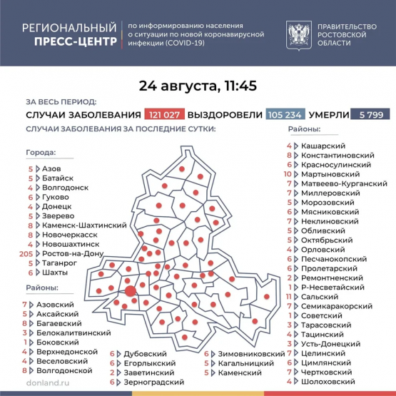 В Ростовской области в 53 городах и районах коронавирус выявили у 483 жителей