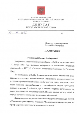 Депутат ГД РФ написала жалобу в Минздрав на областную больницу в Ростове 